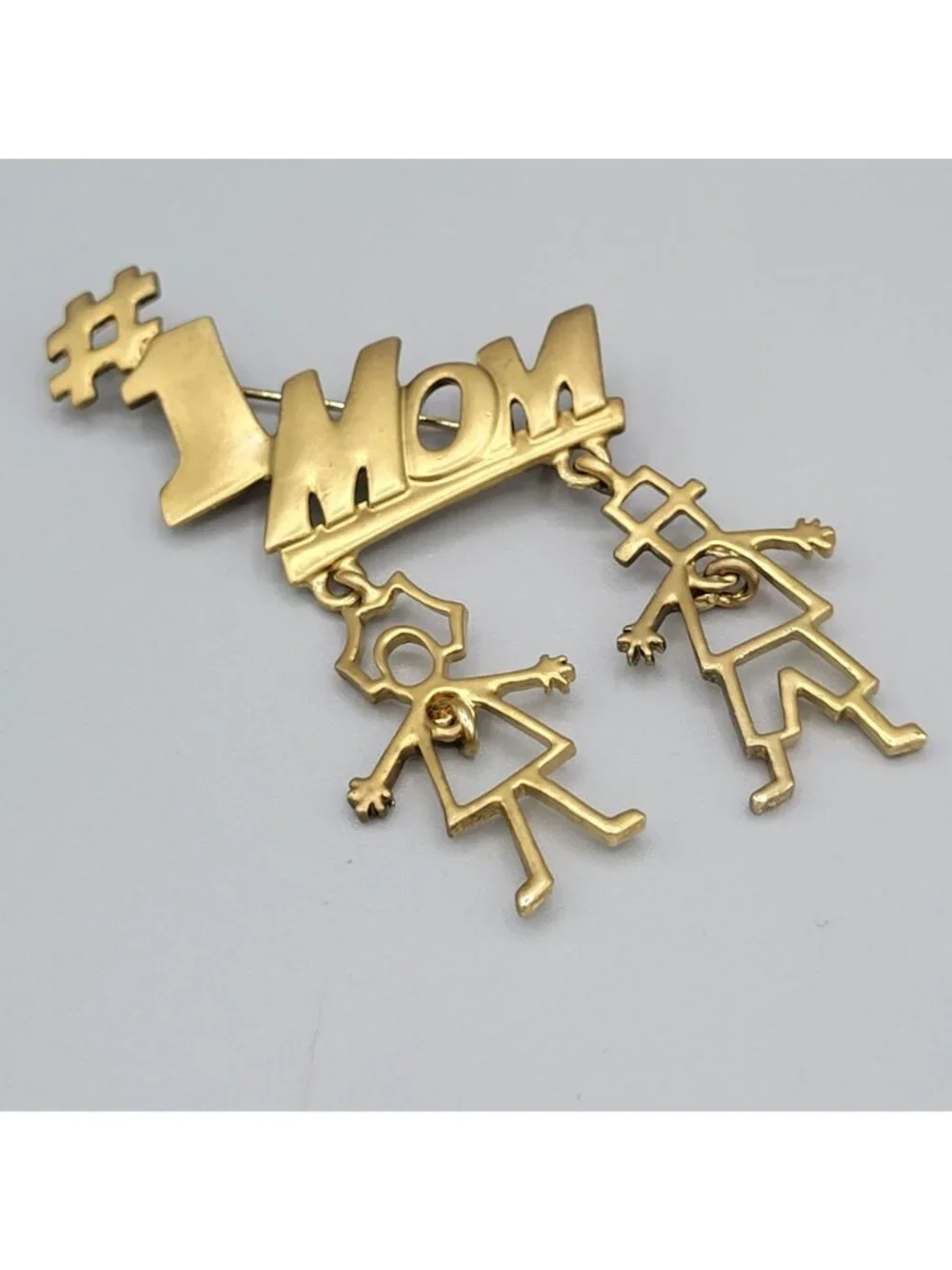 Gold Tone #1 Mom Pin Brooch Dangling Boy and Girl Charms Heart Accents Signed